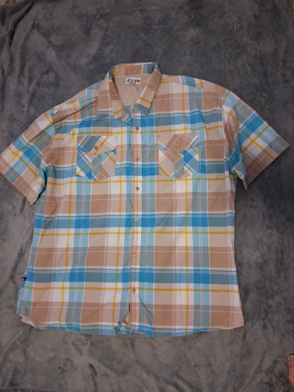 Ablanche Casual Short Sleeve Plaid Button-Down Shirt  Blue & Tan